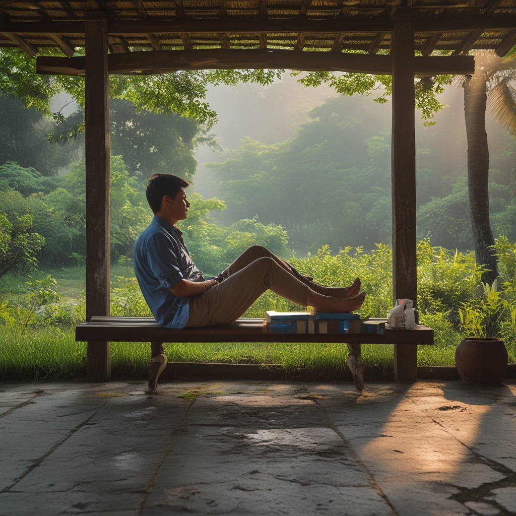 Seseorang duduk di tepi jendela di pagi hari dengan cahaya matahari keemasan, melakukan peregangan ringan sambil memandang ke luar ke arah taman hijau