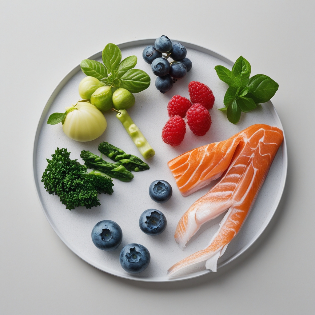 Tampilan atas berbagai makanan segar dan berwarna-warni di atas meja putih: wortel oranye, bayam hijau, blueberry ungu, kacang-kacangan, dan ikan salmon