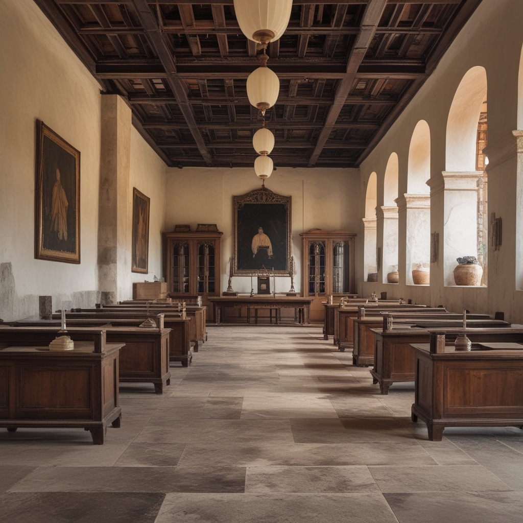 Ruang perpustakaan klasik dengan rak buku tinggi dari kayu gelap dan kursi baca kulit cokelat, suasana akademis pertengahan abad 20
